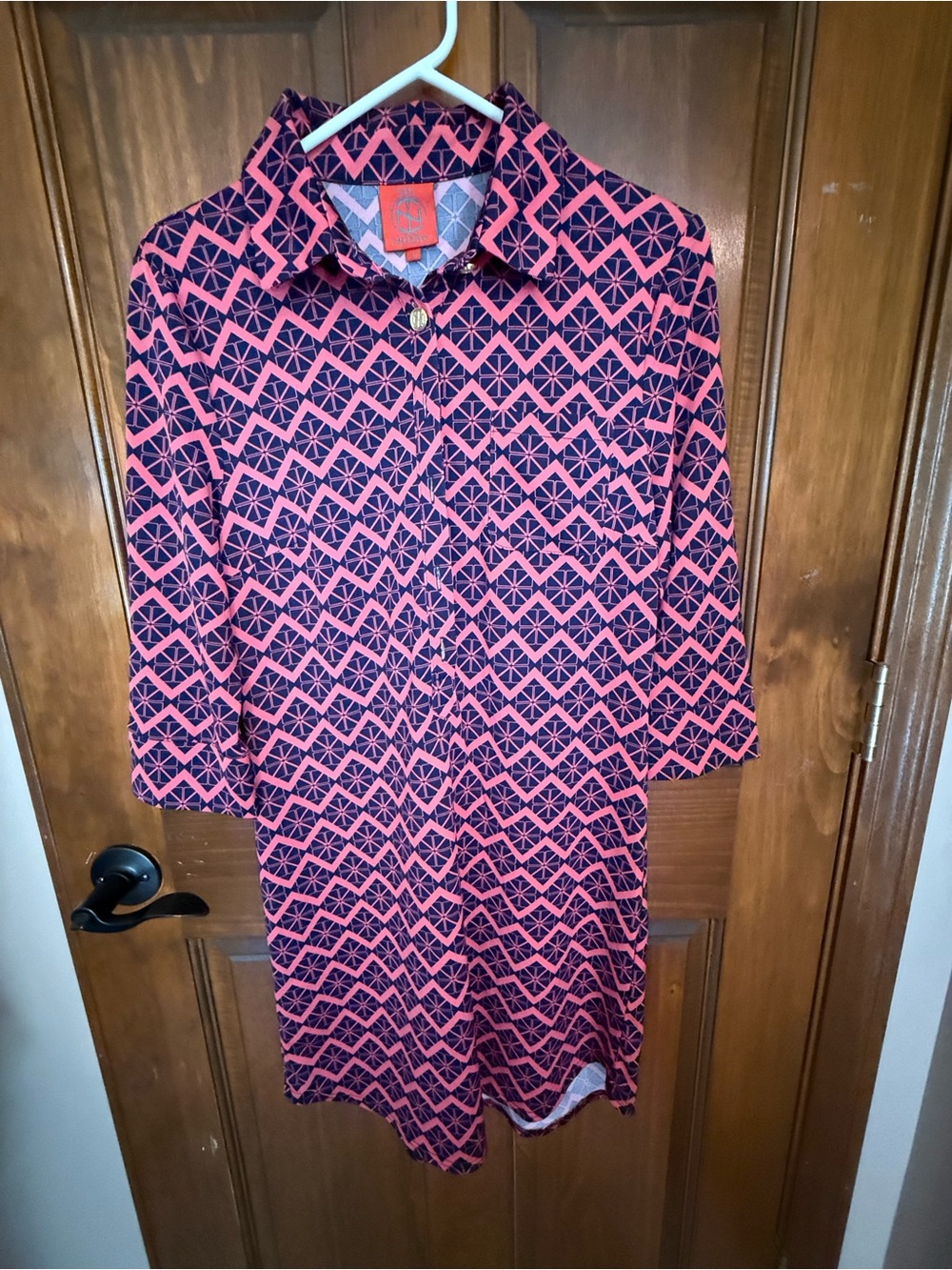 Tracy Negoshian Coral and Navy Geometric Blouse